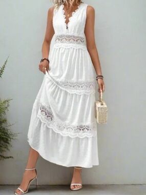 Romantic White Lace Tiered Bohemian Maxi Dress Sz M Bride/Beach/Summer